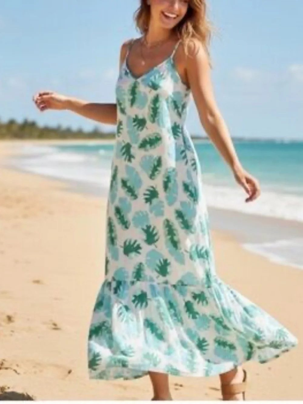 J.. CrewTropical Leaf Print Maxi Slip Dress - Green & White Sz Medium